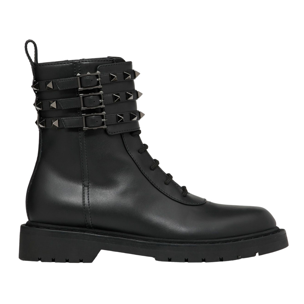 Valentino Rockstud Combat 20mm Black Leather Stud Short Biker Ankle Flat Boot 35